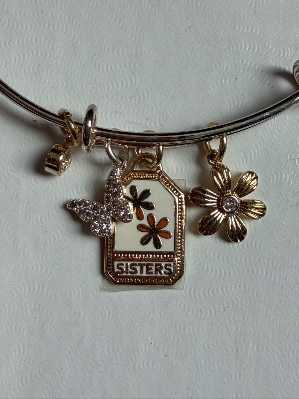 “Sisters” Charm Bangle Bracelet – Butterfly & Flower, Adjustable